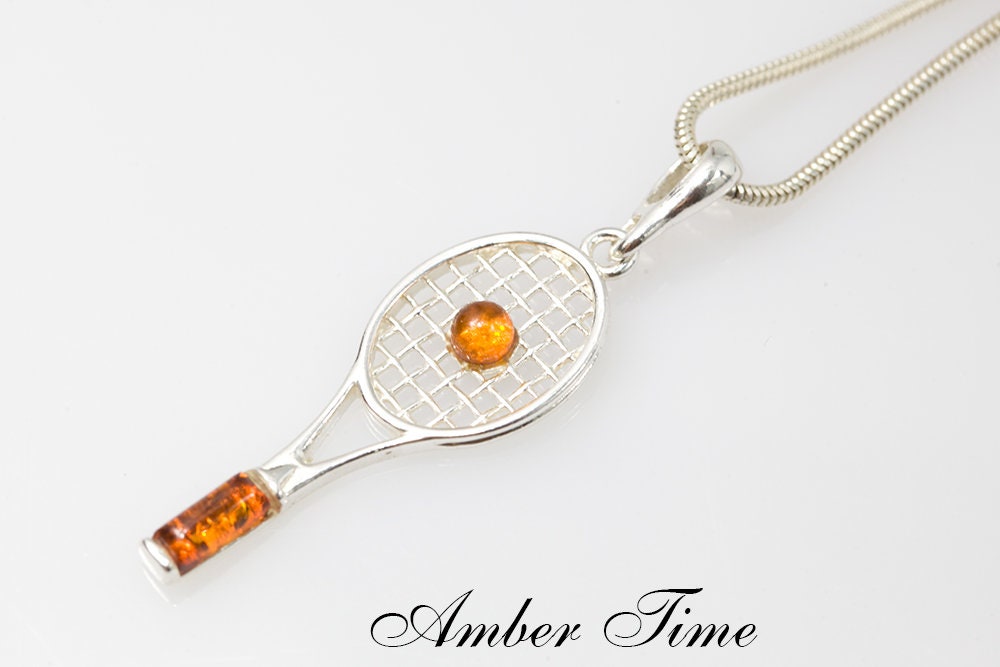 ZB0075 Tennis RAcket Sterling Silver 925 & Natural Baltic Amber Pendant