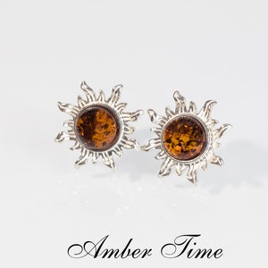 SB0014L Amber Sun. Elegant Amber Sun Stud Earrings. Sterling Silver 925. Amber Silver Sun Studs