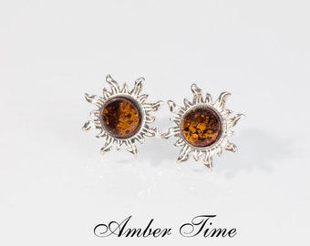 SB0014L Amber Sun. Elegant Amber Sun Stud Earrings. Sterling Silver 925. Amber Silver Sun Studs