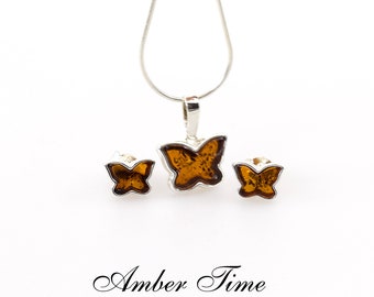 SET0222 Butterfly. Elegant Amber Butterflies Stud Earrings and Pendant & Sterling Silver 925. FREE COURIER SHIPMENT