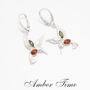 KB0347 Hummingbird Natural Baltic Amber Earrings & Sterling Silver 925. FREE COURIER SHIPMENT