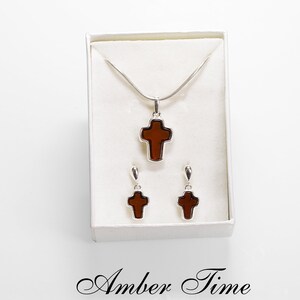 SET0059 Cross Cherry Amber Pendant and Earrings & Sterling Silver 925. Silver Cross. Amber Cross. FREE COURIER SHIPMENT