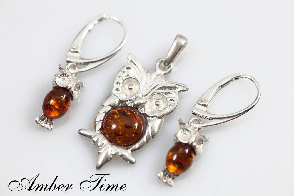 SET0006 Baltic Amber Owl Jewelry Set, Sterling Silver Pendant and Earrings