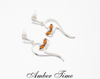 KB0050 Cat Earrings Natural Baltic Cognac Amber & Sterling Silver 925. FREE COURIER SHIPMENT
