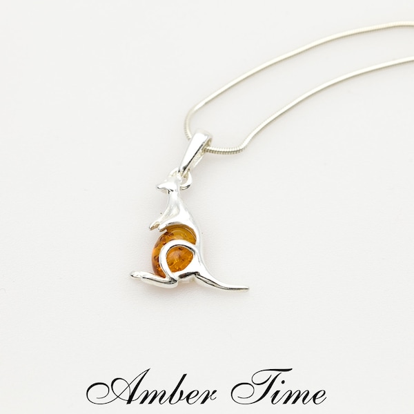 ZB0269 Kangaroo. Natural Baltic Amber Kangaroo Pendant & Sterling Silver 925. Australian Animal. Silver Kangaroo