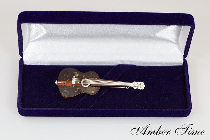 MB0205 Amber Classical Guitar Brooch /& Sterling Silver Ag925 Music Jewellery Gift for Musicians