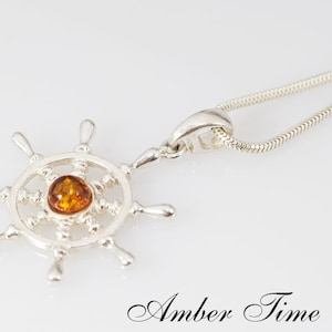 ZB0181 Natural Baltic Amber Steering Wheel Pendant & Sterling Silver 925. Steering Wheel with Cognac Amber.