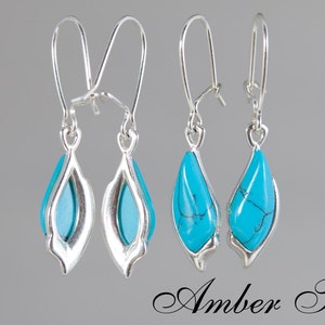 KK0039 Leaf. Turquoise Leaf-shaped Dangle Earrings & Sterling Silver 925. Classic Silver Earrings.