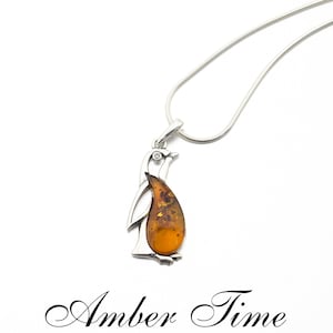 ZB0354 Penguin. Natural Baltic Amber Pendant  & Sterling Silver 925. Amber Penguin