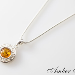 ZB0178 Silver Pendant with Cognac Amber. Sterling Silver 925. Pendant Greek Motif