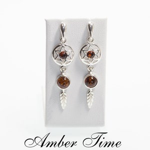 SB0075 Dreamcatcher. Cognac Amber Stud Earrings & Sterling Silver 925. Amber Dreamcatcher Studs