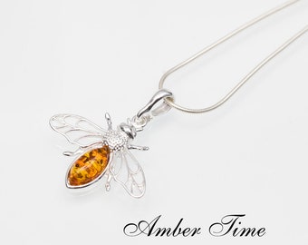 ZB0194 Amber Bee & Sterling Silver 925 Pendant. Silver Bee. Genuine Baltic Amber. Silver Insect. FREE COURIER DELIVERY