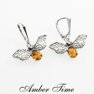 KB0294 Amber Bee Dangle Earrings &  Sterling Silver 925