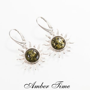 KB0014L Large Sun Natural Baltic Amber Dangle Earrings & Sterling Silver 925. Amber Cognac Sun