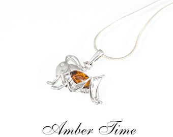 ZB0355 Grasshopper Natural Baltic Amber  Pendant  & Sterling Silver 925. Silver Grasshopper