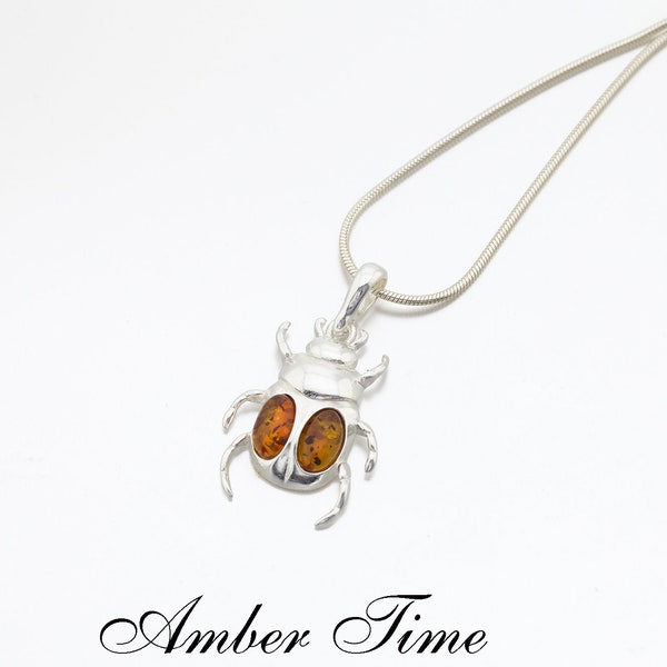 ZB0195 Amber Scarab & Sterling Silver 925 Pendant. Genuine Baltic Amber