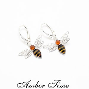 KB0394 Amber Bee Dangle Earrings &  Sterling Silver 925