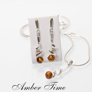 SET0077 Natural Baltic Amber Pendant and  Earrings & Sterling Silver 925. Amber Studs. Amber Ball