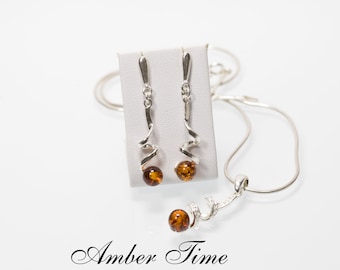 SET0077 Natural Baltic Amber Pendant and  Earrings & Sterling Silver 925. Amber Studs. Amber Ball