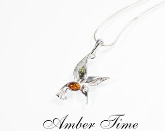 ZB0347 Hummingbird Natural Baltic Amber Pendant  & Sterling Silver  925