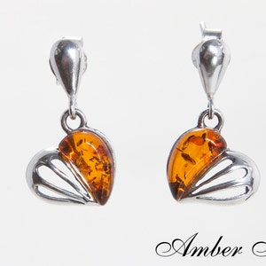 SB0047 Amber Heart Studs. Natural Baltic Amber Heart Stud Earrings &  Sterling Silver 925. Classic Amber Studs