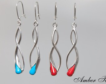 KK0001 Sterling Silver 925 & Turquoise/Red Coral Long Dangle Earrings. Classic Earrings.