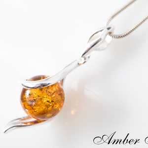 ZB0175 Amber Ball / Silver Pendant. Cognac Amber. Sterling Silver 925. Handmade Amber Ball. Classic Amber Pendant