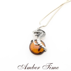 ZB0276 Amber Cobra. Natural Baltic Amber Cobra Pendant & Sterling Silver 925. Silver Cobra