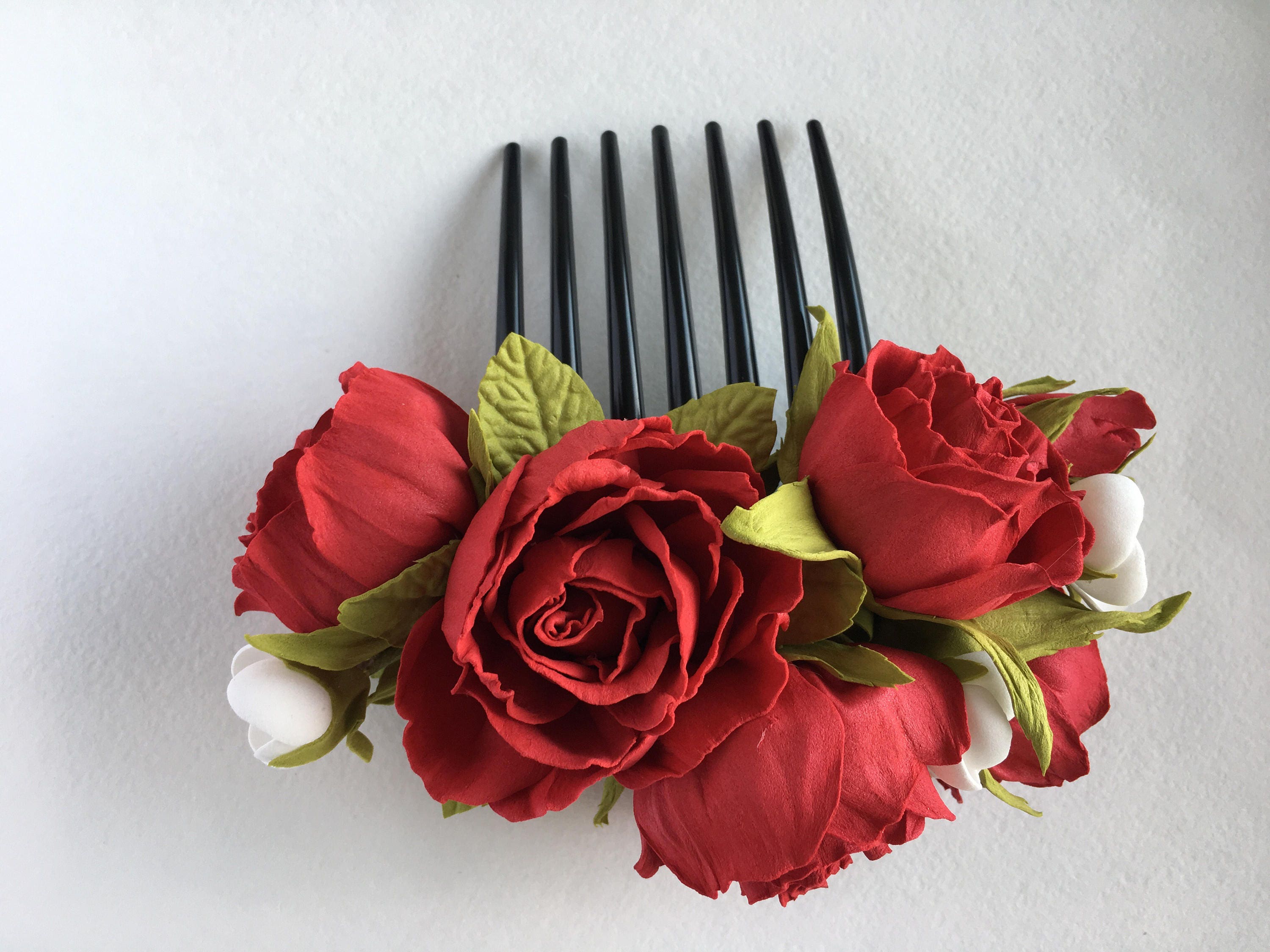 Red rose flower comb rose comb red wedding rose hair comb Etsy