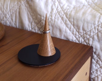 Modern Ring Stand - Turned wooden ring cone, powder coated steel dish with cork bottom