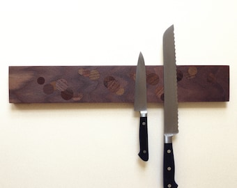 Monochromatic Polka Dot Inlay Walnut Wall Mounted Magnetic Knife Holder