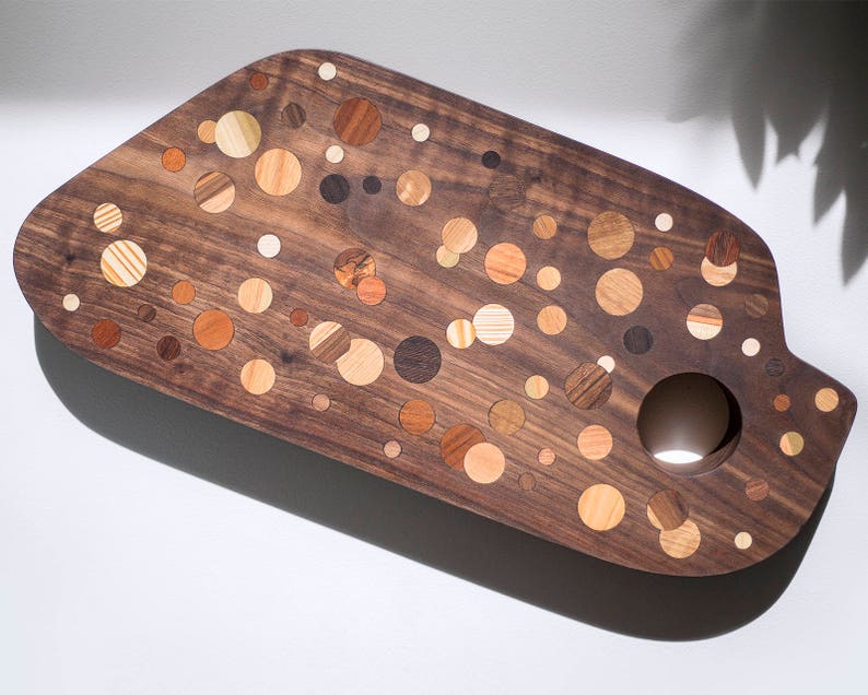 Walnut Multi Color Polka Dot Inlay Kitchen Board with Handle Hole