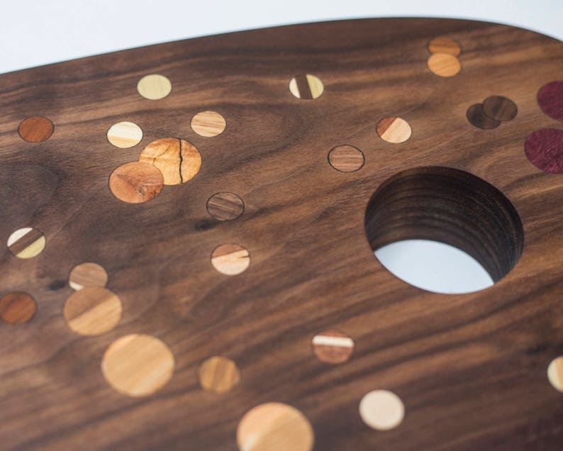 Walnut Multi Color Polka Dot Inlay Kitchen Board with Handle Hole
