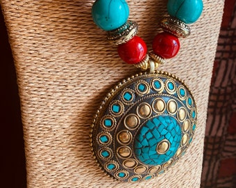 BIG BEAD NECKLACE, Red & Turquoise Handbeaded Pendant Necklace, Costume Jewellery