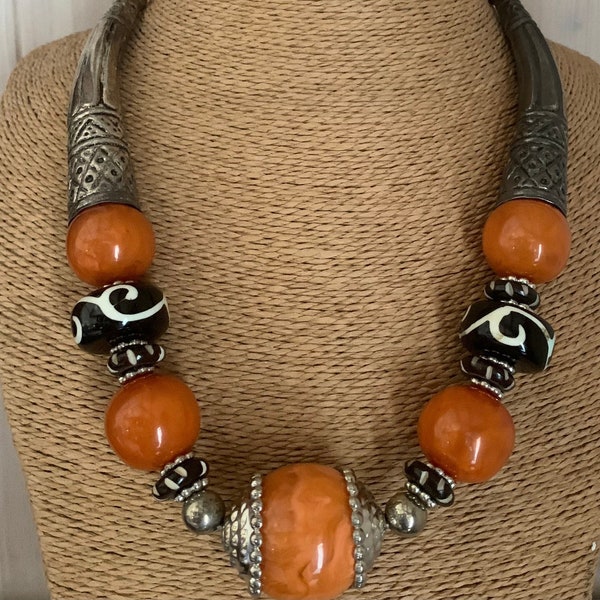 BIG BEAD NECKLACE, Mango Orange Beaded Necklace with Repousse Metal Beads. Costume Jewellery