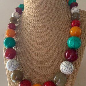 MULTICOLOURED Long NECKLACE, BIG Bead Necklace, Red, Turquoise, White, Yellow, Grey Necklace, Statement Costume Jewellery image 2