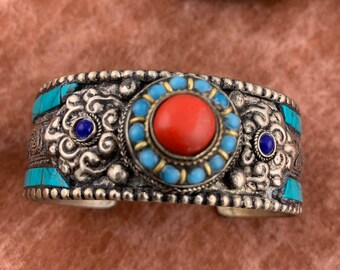 TURQUOISE BANGLE, Nepalese Bangle Turquoise & Coral, Ethnic Bangle Artisan Costume JEWELLERY