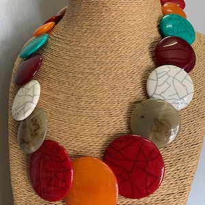 MULTICOLOURED BEAD NECKLACE. Large Disc Necklace. Costume Jewellery. Feature Necklace. Statement Necklace. Red, Mango Orange, Turquoise.
