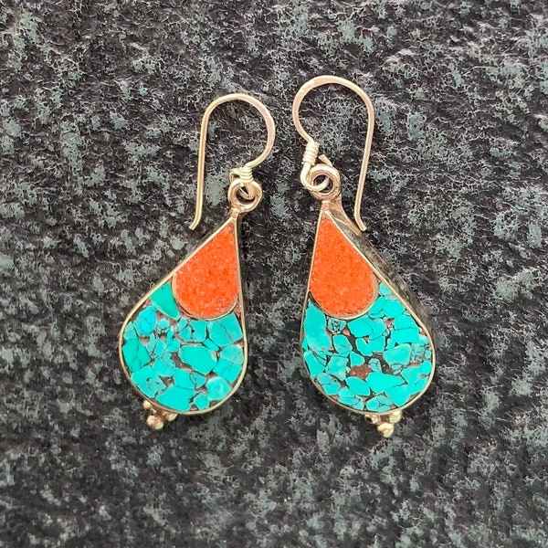 Nepalese Artisan EARRINGS, Turquoise & Coral Red DROP EARRINGS