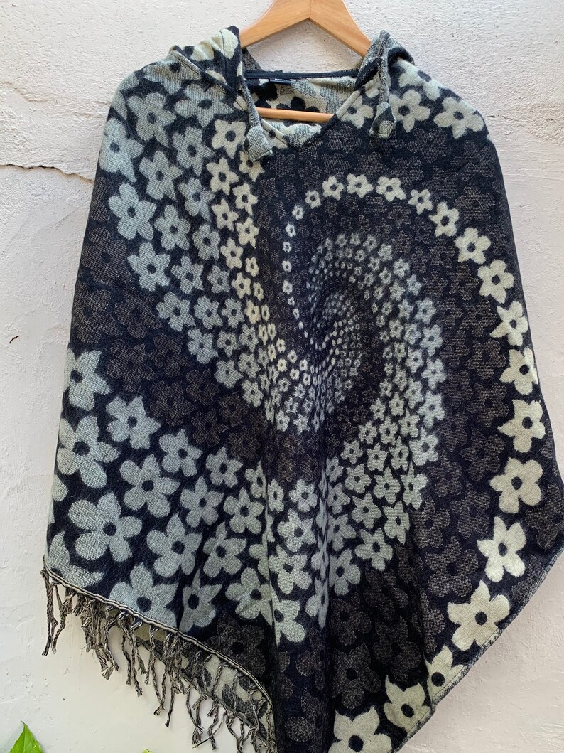 WOMENS PONCHO with HOOD Spiral Flower Design