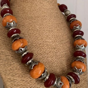 BIG BEAD NECKLACE, Handbeaded Feature Necklace, Costume Jewellery, Mango Orange & Maroon. Costume Jewellery