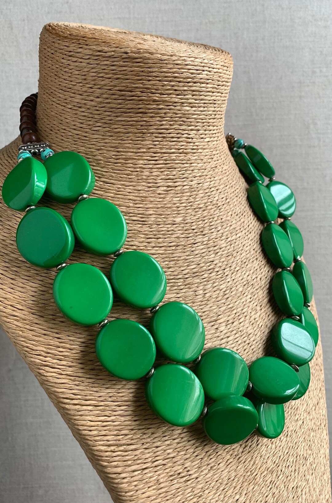 BIG BEAD NECKLACE, 2 Strands of Green, Oval Flat Bead Necklace. Costume