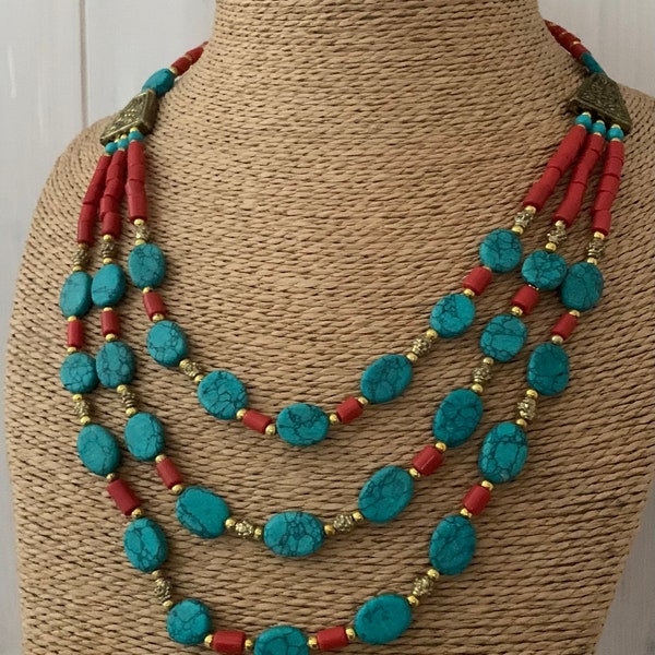 Turquoise & Red Handbeaded NECKLACE, COSTUME JEWELLERY