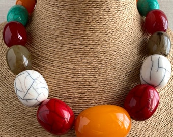 MULTICOLOURED BIG Bead NECKLACE, Handbeaded Statement Necklace, Resin Bead Multicoloured Bead Necklace
