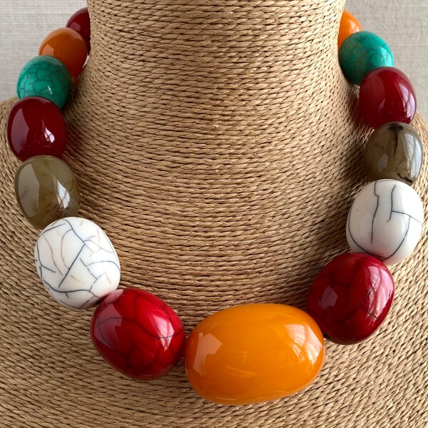 COLLIER DE GROSSES PERLES MULTICOLORE, collier de perles à la main, collier de perles de résine multicolore