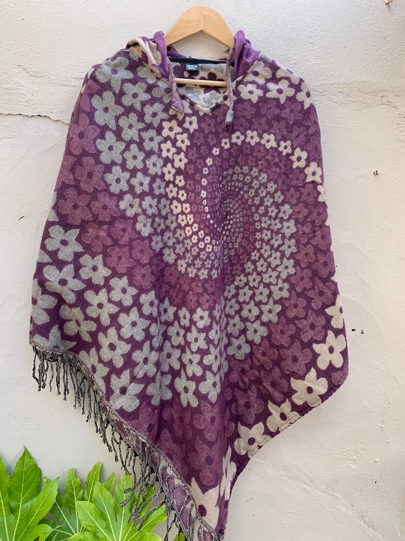 WOMENS PONCHO with HOOD Spiral Flower Design