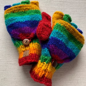 Fairtrade WOOL GLOVES, MITTENS, Fingerless Cover Mittens, Rainbow Colourful Gloves