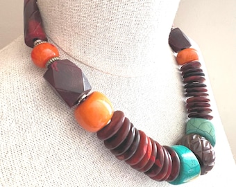 Türkis, Braun, Mango-Orange, Statement Halskette, Modeschmuck.