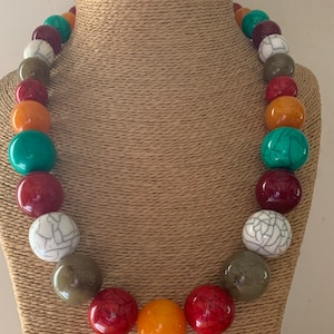 MULTICOLOURED Long NECKLACE, BIG Bead Necklace, Red, Turquoise, White, Yellow, Grey Necklace, Statement Costume Jewellery image 1