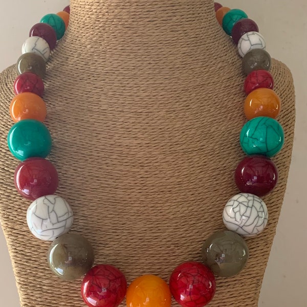 MULTICOLOURED Long NECKLACE, BIG Bead Necklace, Red, Turquoise, White, Yellow, Grey Necklace, Statement Costume Jewellery